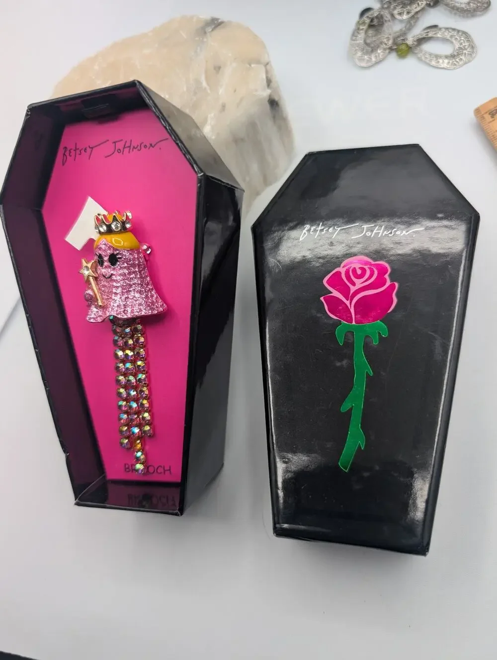 Betsey Johnson Pink Glitter Ghost Brooch Pin Crown Wand Rhinestone Dangle Coffin